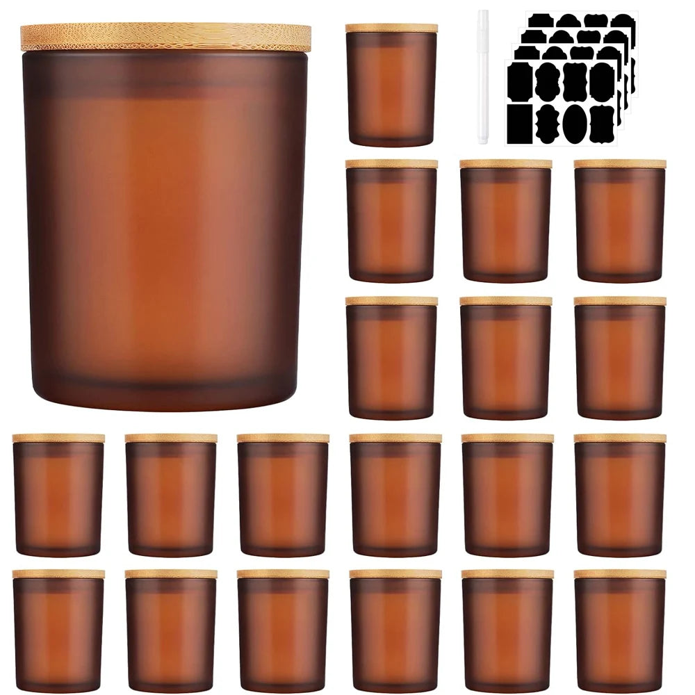 bougies parfumées marron translucides couvercle bambou moderne minimaliste étiquette souhaits flask huiles essentielles