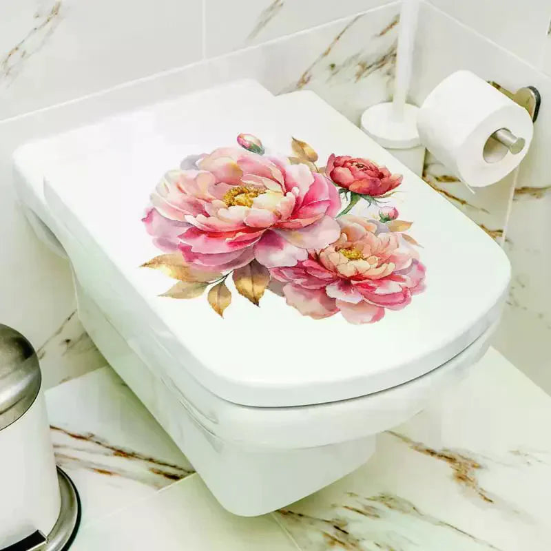 cache wc adhésif fleurs pivoines marguerites tulipes blanc classique salle bain autocollant