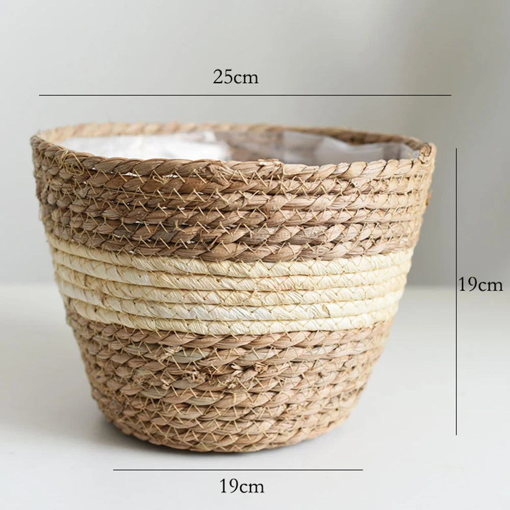 panier pliable osier tissé motifs réguliers poignées cuir naturel rustique jardin