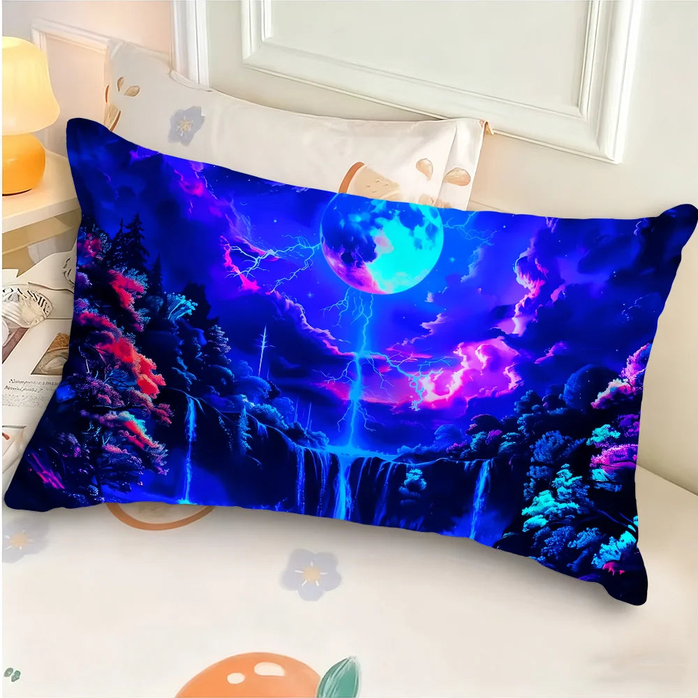 housse coussin rectangulaire impression polyester double face cascade paysage moderne bleu violet rose vert