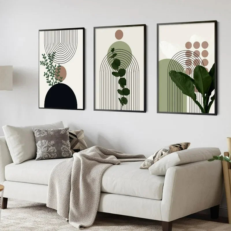toile d'art contemporain abstraite pièces géométrique minimaliste lignes courbes feuilles vertes simple chambre coucher
