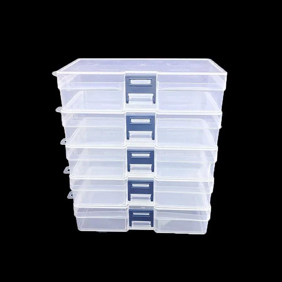 boîtes compartiments transparentes rangement moderne poignées bleues organisation utilitaires petits objets jouets