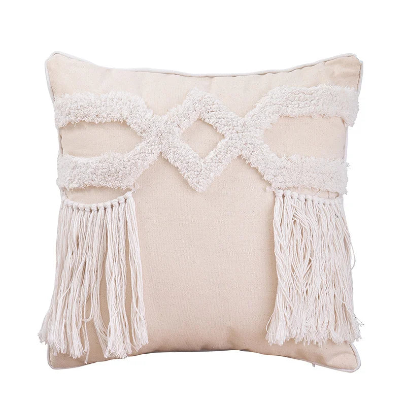 coussin décoratif moderne motif géométrique jaune gris beige texture bouclée canapé salon