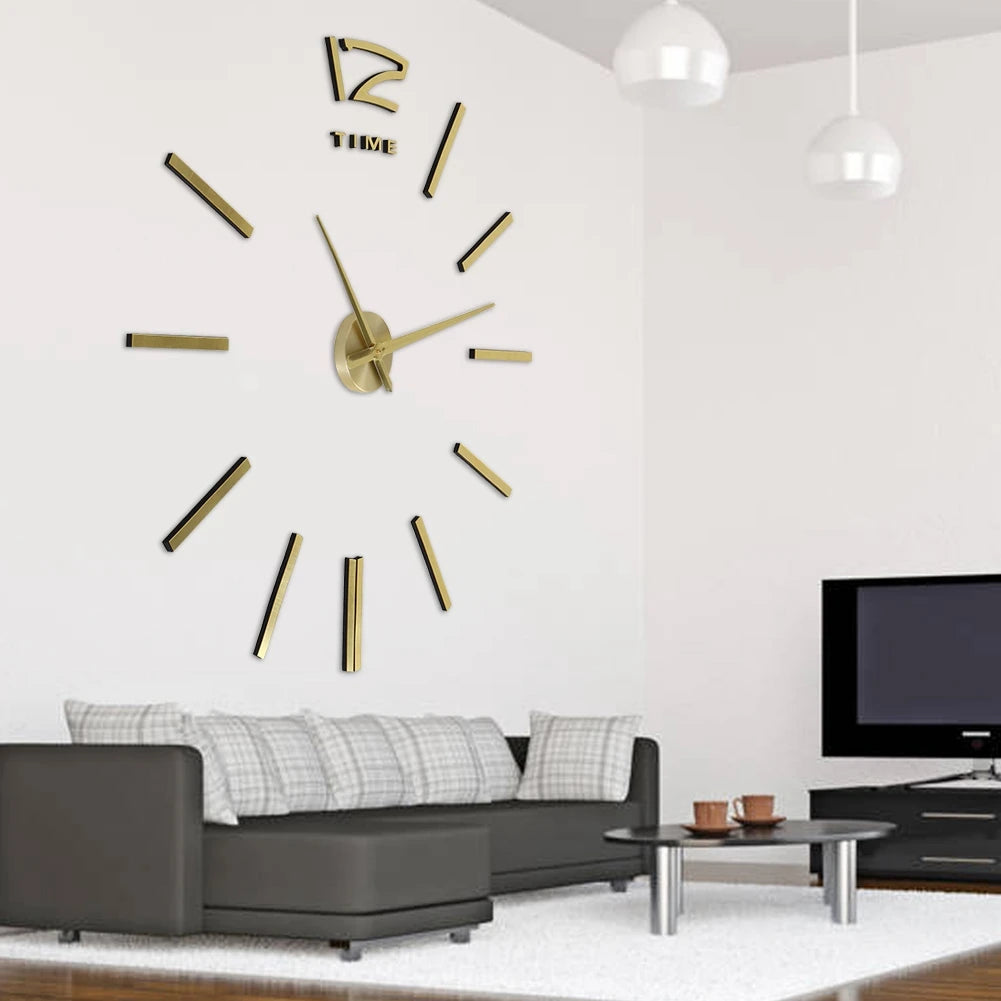 horloge murale moderne or lignes horizontales autocollante aiguilles cadran minimaliste chambre salon decoration