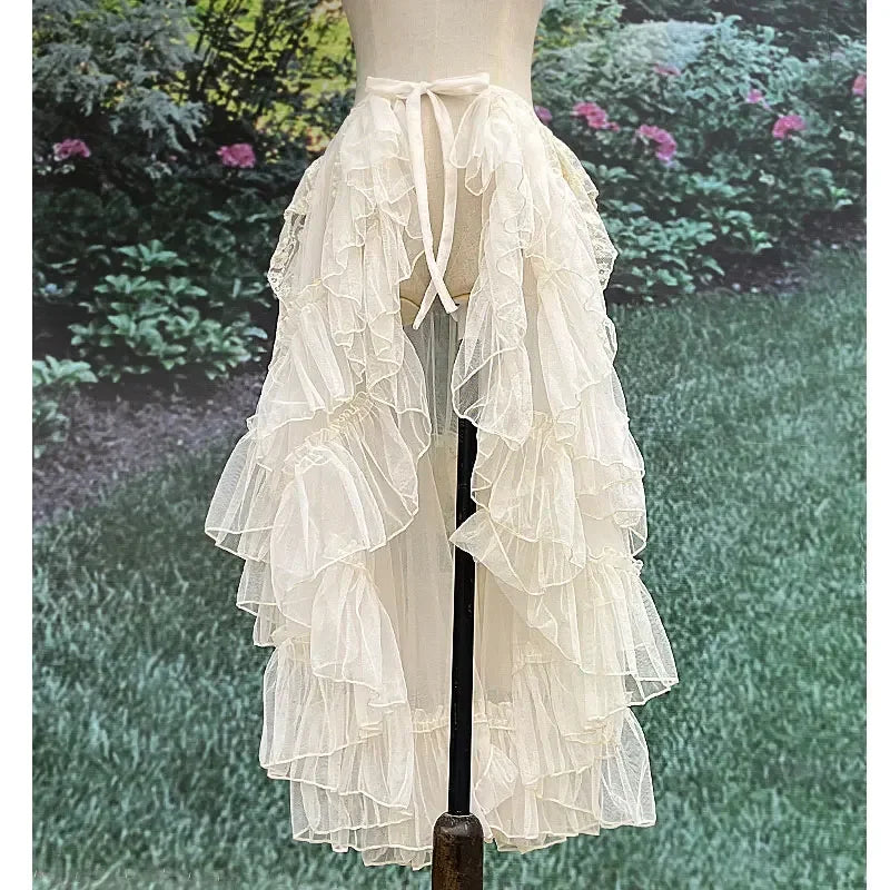 jupe femme lolita blanche dentelle volants superposés vintage romantique ceinture nouer taille ajustable