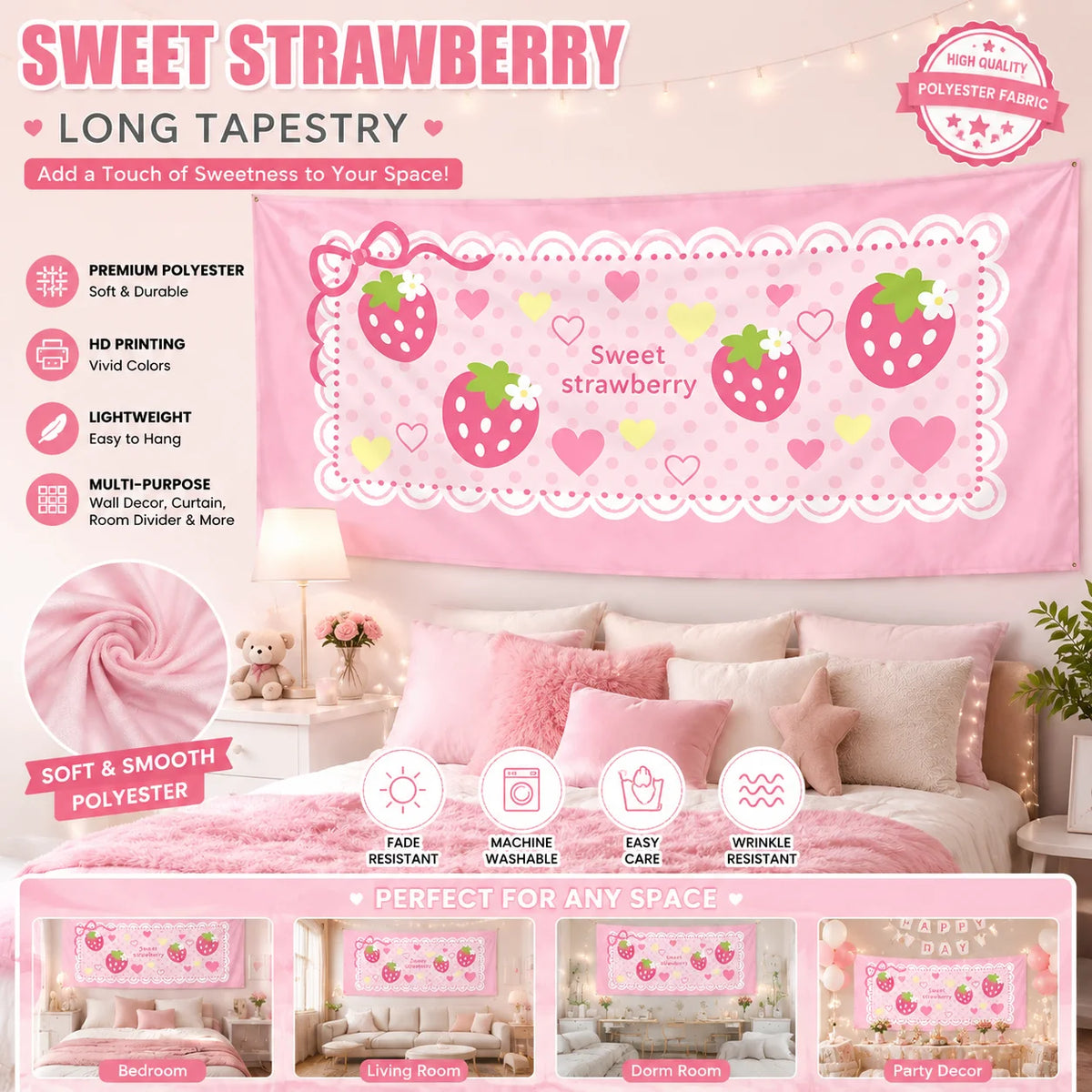 tapisserie murale kawaii fraises coeurs pois rose jaune verte blanche decoration chambre enfantin tapestry