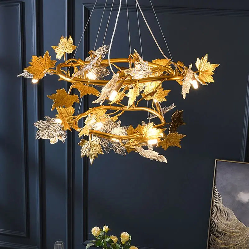 lustre moderne cristal feuilles d'érable organique suspension câbles chambre salon