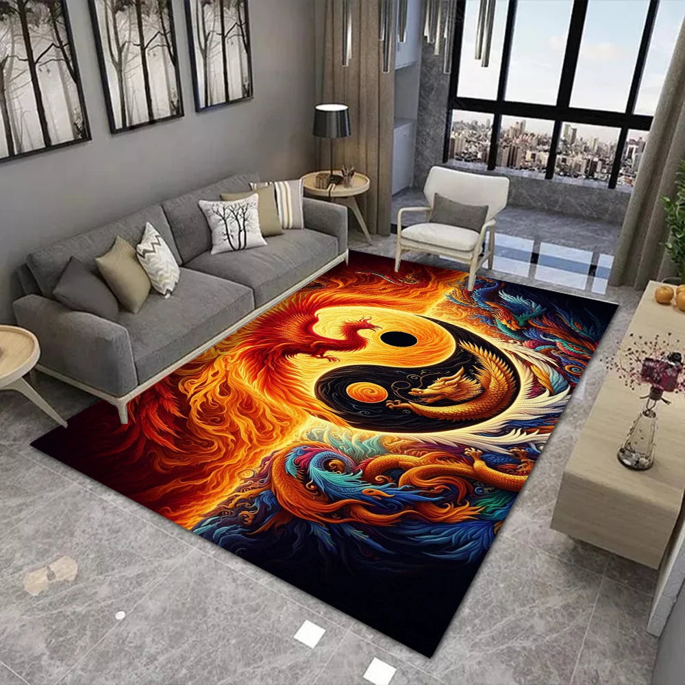 tapis salon moderne motif dragon phénix yin yang décorations chinoises multicolore 160x120cm polyester