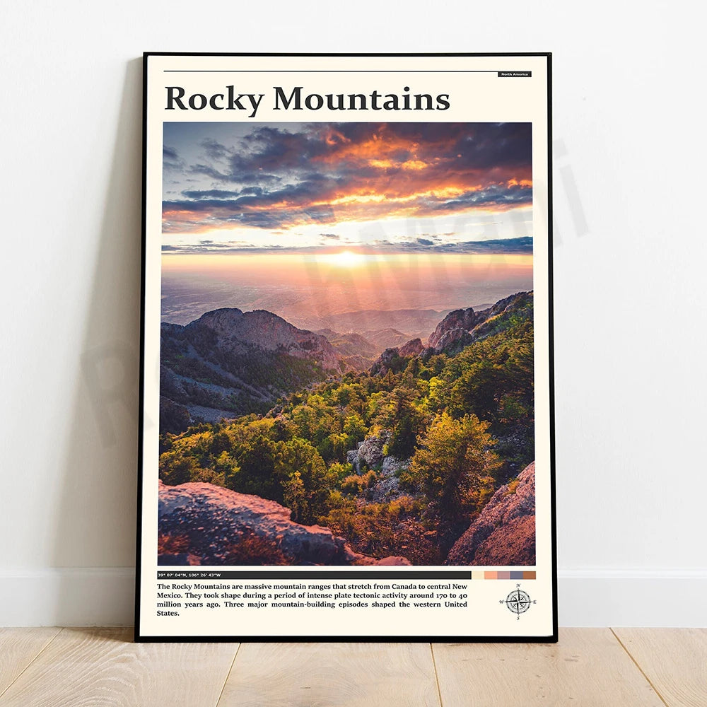 Un paysage majestueux des montagnes Rocheuses au coucher du soleil, avec des sommets rocheux entourés d'une végétation colorée.