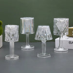 lampe table moderne transparente rayures texturées base plate led changeante nocturne chambre festive