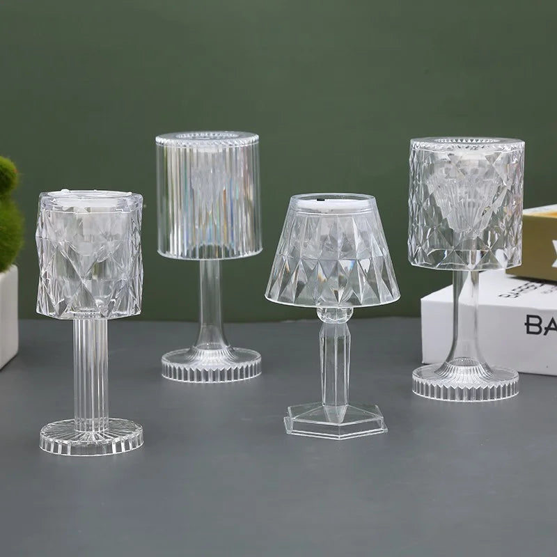 lampe table moderne transparente rayures texturées base plate led changeante nocturne chambre festive