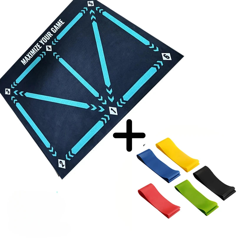 tapis entraînement football sportif lignes flèches turquoises noires dimension 900x600mm bandes élastiques ballon