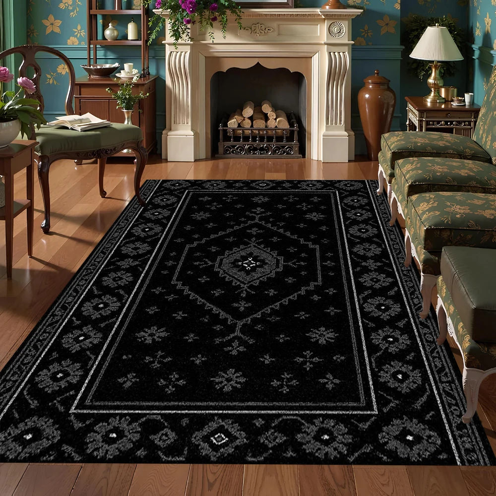 tapis noir blanc motif floral géométrique vintage salon chambre maison velours antidérapant décoratif