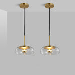 Lampes suspendues modernes transparent doré noir gris abatjour transparent rosace dorée câble suspension LED