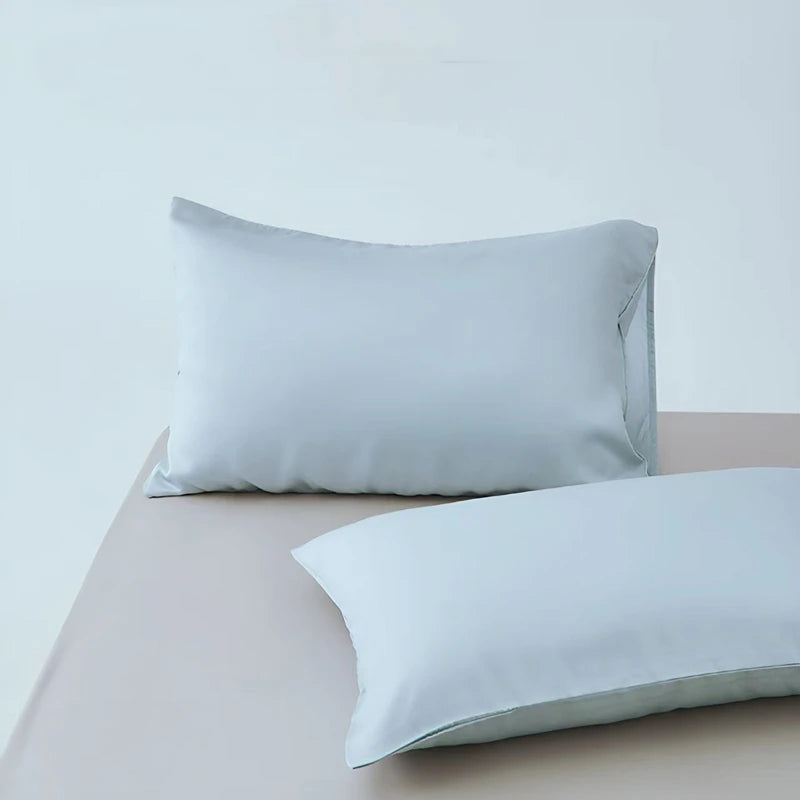 lot deux taies d'oreiller lyocell eucalyptus bleu clair unies lit chambre moderne