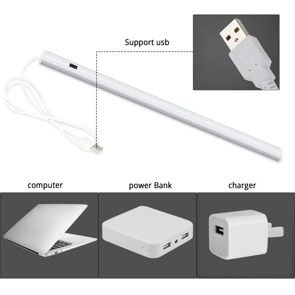 barre led 30cm 40cm 50cm adhésif blanc chargeur moderne nuit prise usb sens 90degrement
