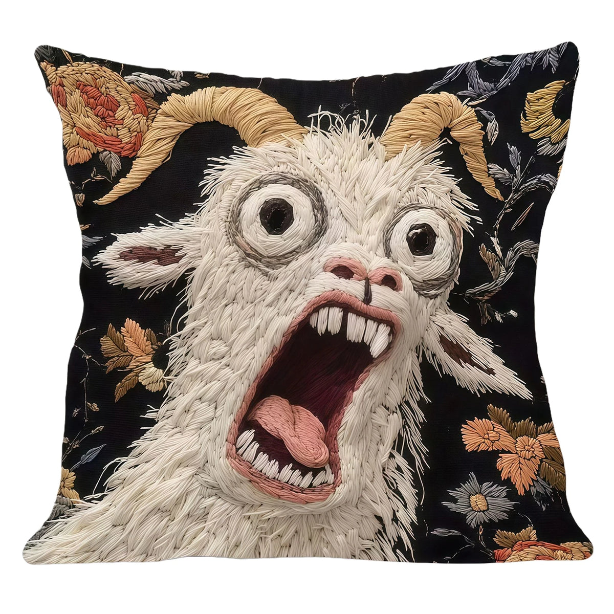 coussin blanc noir mouton fleurs artistique brodé décoration salon chambre coucher