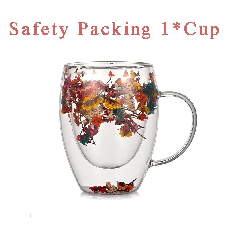 tasse verre double paroi fleurs séchées transparente poignée 380ml résistante chaleur déco floral