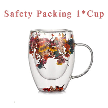 tasse verre double paroi fleurs séchées transparente poignée 380ml résistante chaleur déco floral