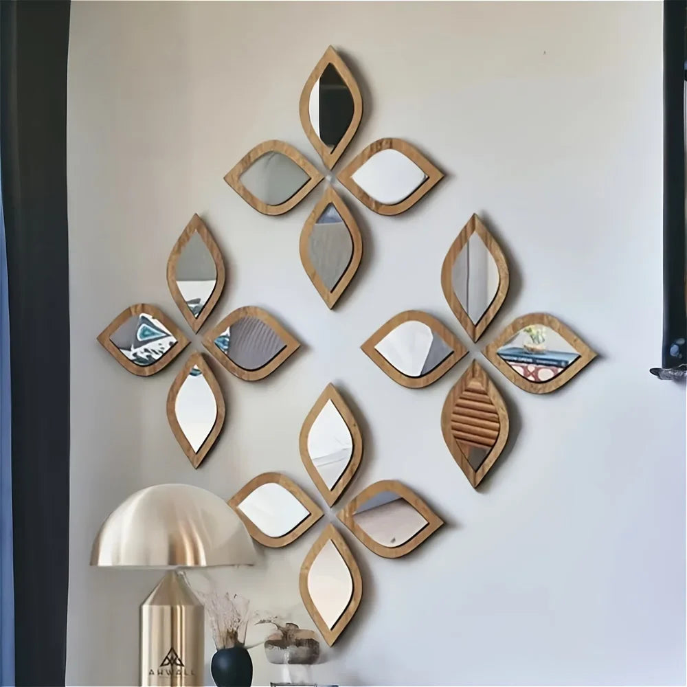 miroirs modernes forme feuille argentée cadre bois adhésif chambre salon minimaliste 4pcs 8pcs