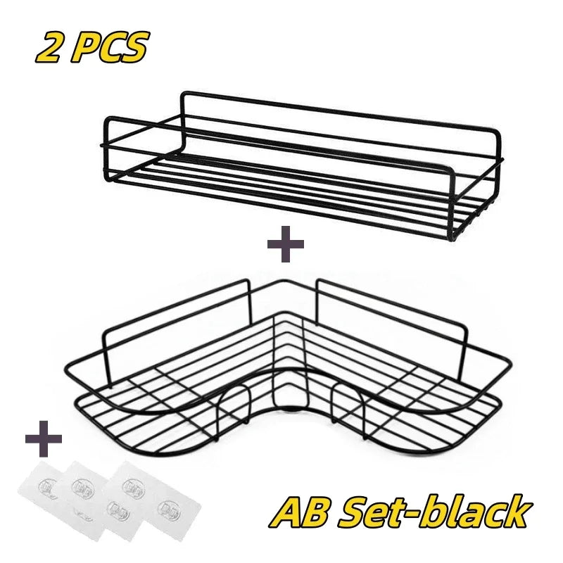 étagère angle salle bains adhésive poids 20kg noir grille métallique moderne organisateur accessoires douche
