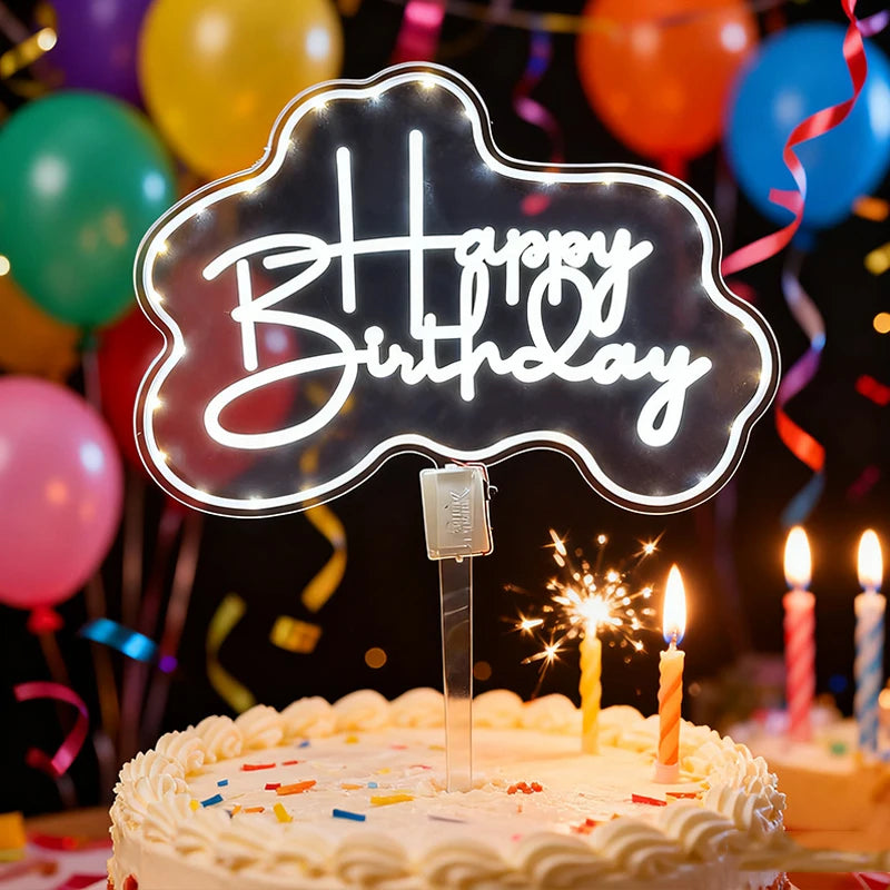 décoration gâteau happy birthday leds transparent clips moderne anniversaire fête mariage minimaliste