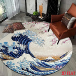 tapis rond moderne motif vague fleurs montagne salon décoration bleu blanc rouge
