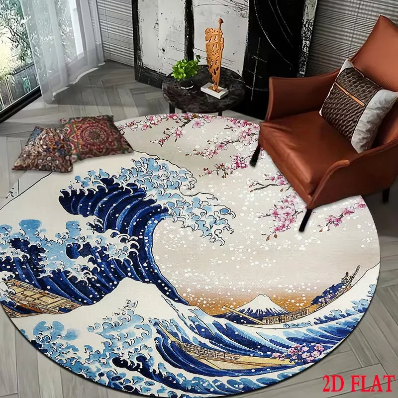tapis rond moderne motif vague fleurs montagne salon décoration bleu blanc rouge