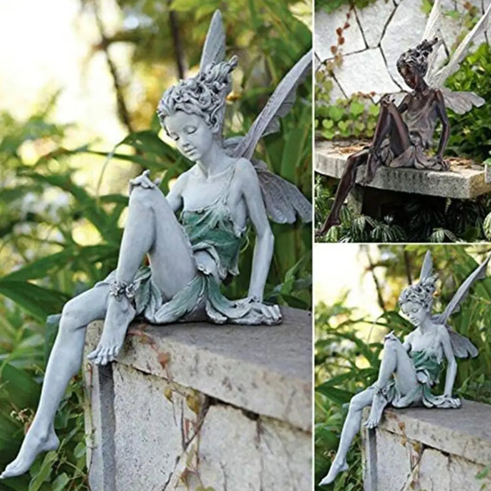 statue fée assise bronze gris vert texture rugueuse ailes ajourées fantastique decoratif jardinextérieur résistante