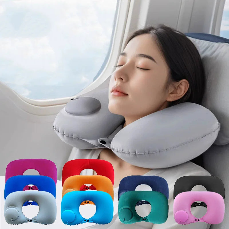 coussin voyage gonflable forme cou confortable velours gris rose bleu ergonomique portable sac rangement