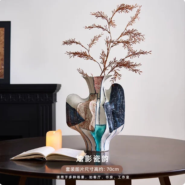 vase céramique abstrait artisanal rose vert orange marron bleu ondulé texturé sculptural