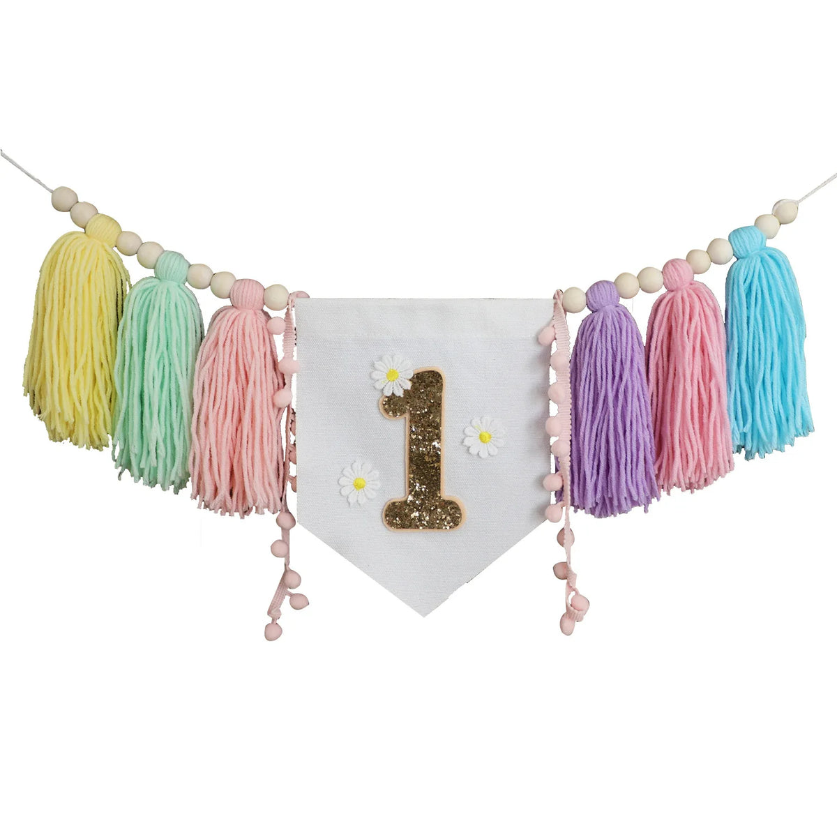 décorations anniversaire 1er anniversaire fille couronne guirlande rose fleurs numéro pompons chambre enfant