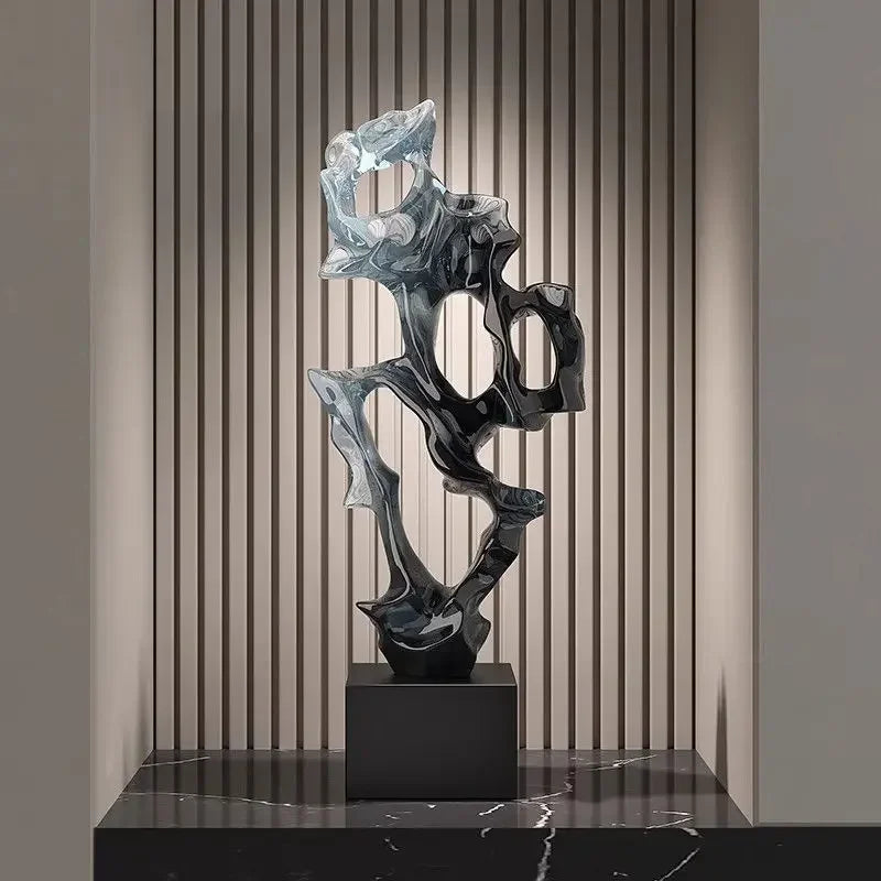 sculpture décorative abstraite moderne bleu clair noir transparent lumière reflétée living room ambiance chambre