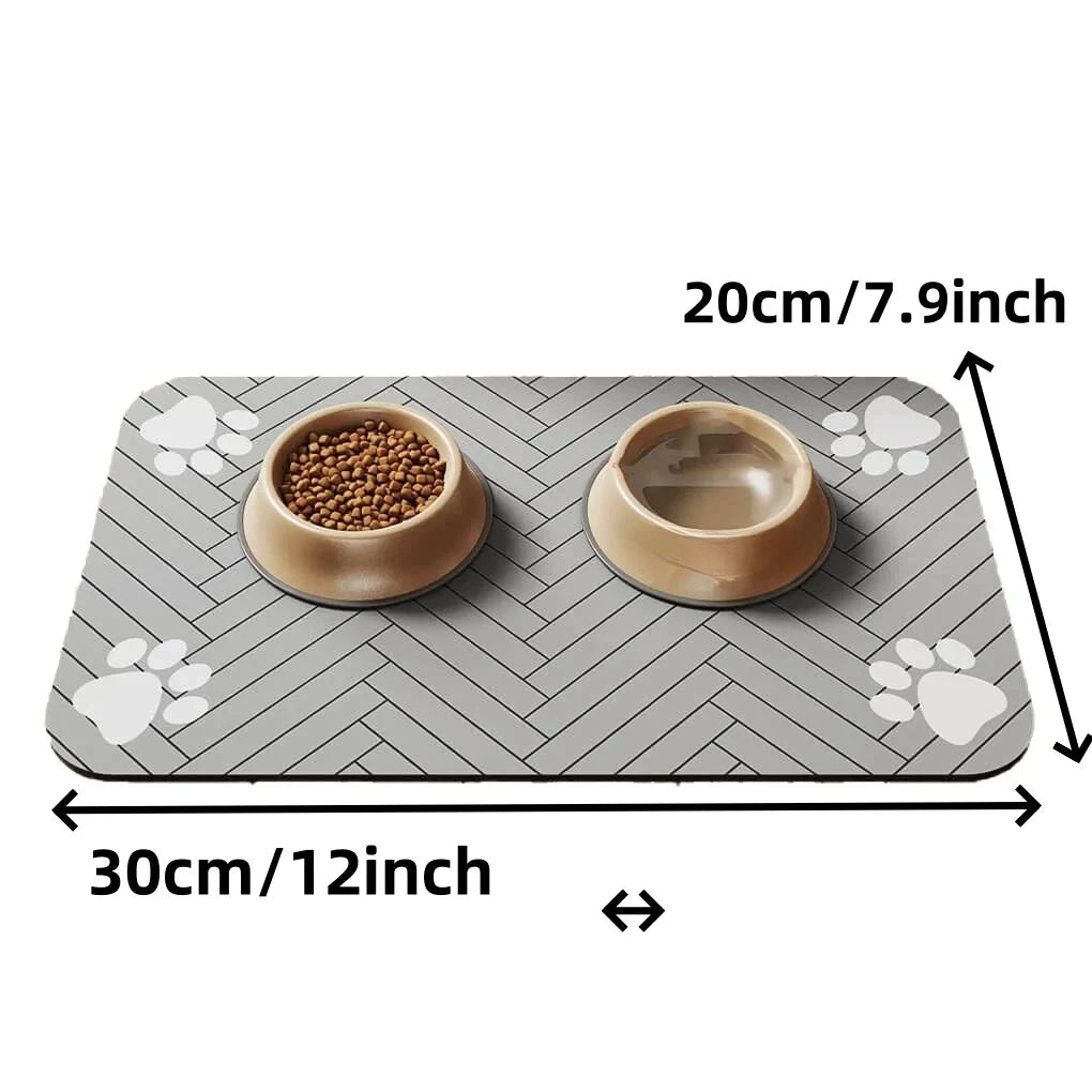 tapis nourriture chien gris rayures pattes diagonales absorbant durable deux bols alimentation