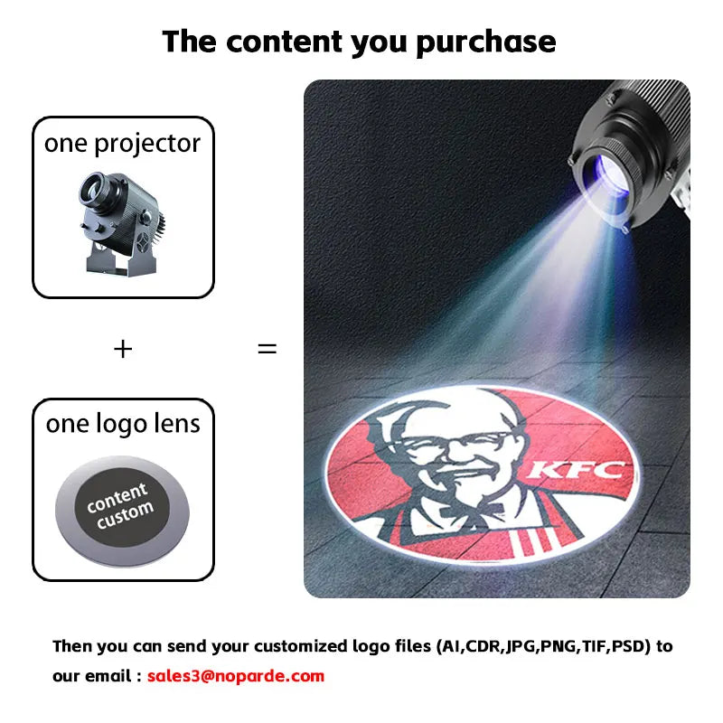 projecteur gobo hd led rotatif étanche publicité logo texte personnalisable extérieur moderne bleu blanc
