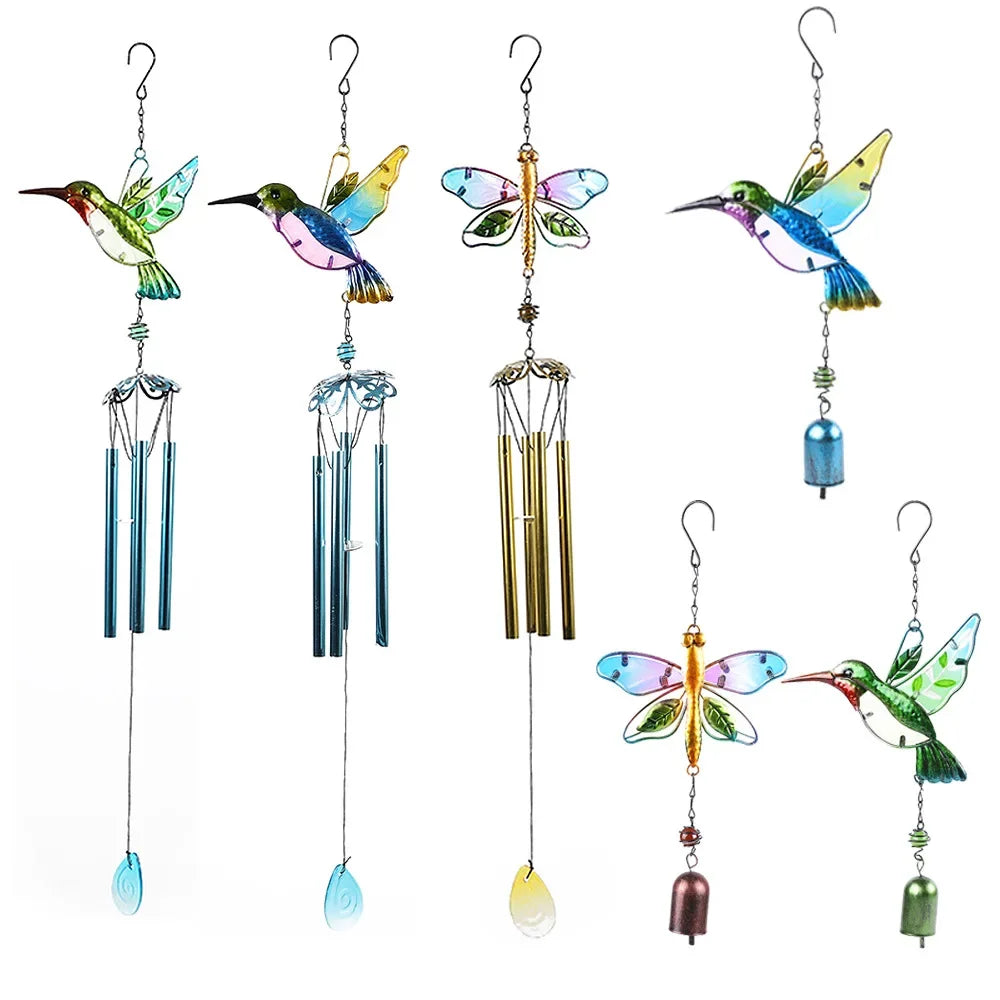 colibris libellules suspendus transparents métal verre peint oiseaux décoratifs cloches chaînes motifs floraux