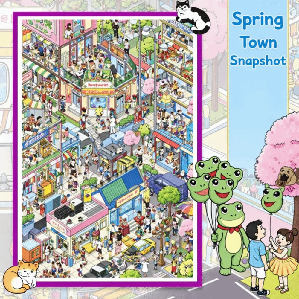 puzzle 3d multicolore ville animée personnages bâtiments scènes textes artistique opacité grande taille détaillé