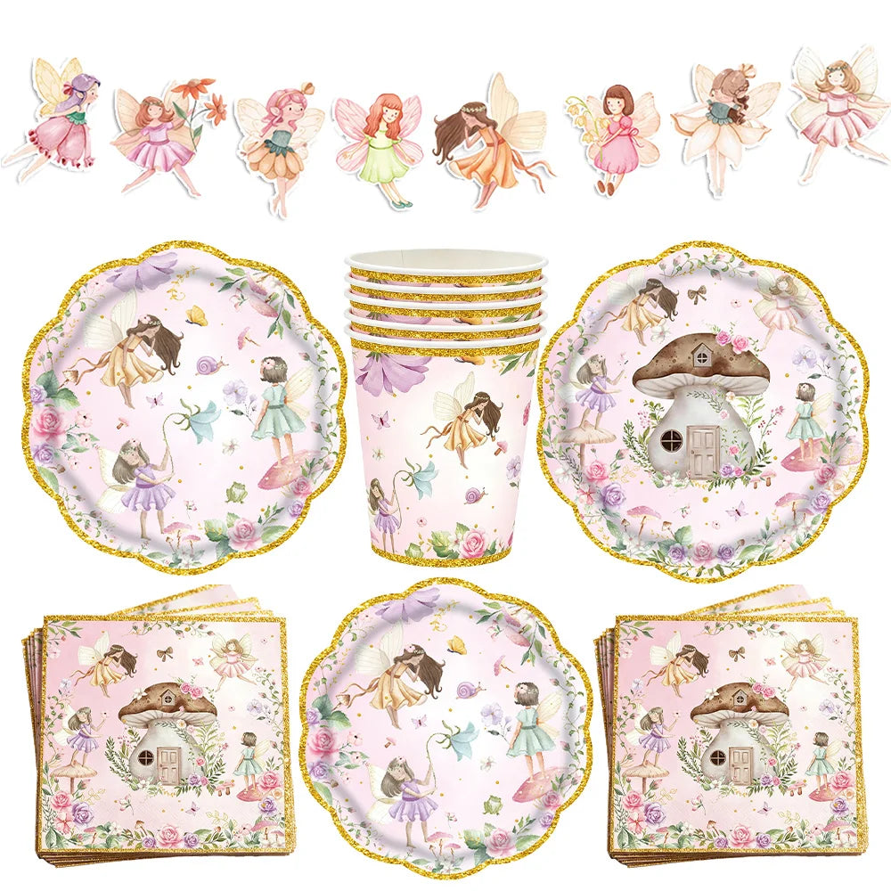 décoration anniversaire fées assiettes dorées gobelets serviettes bannière féerique illustrations floraux