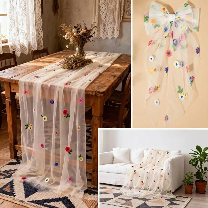 nappe tulle brodée fleurs multicolores transparent romantique décoration table mur chambre salon