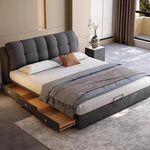 lit moderne gris velours tête matelas coussins tapis tringles chambre accessoires bois