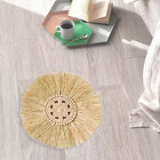 Décoration murale en paille tissée main avec perles bois, ornement rond boho pour salon