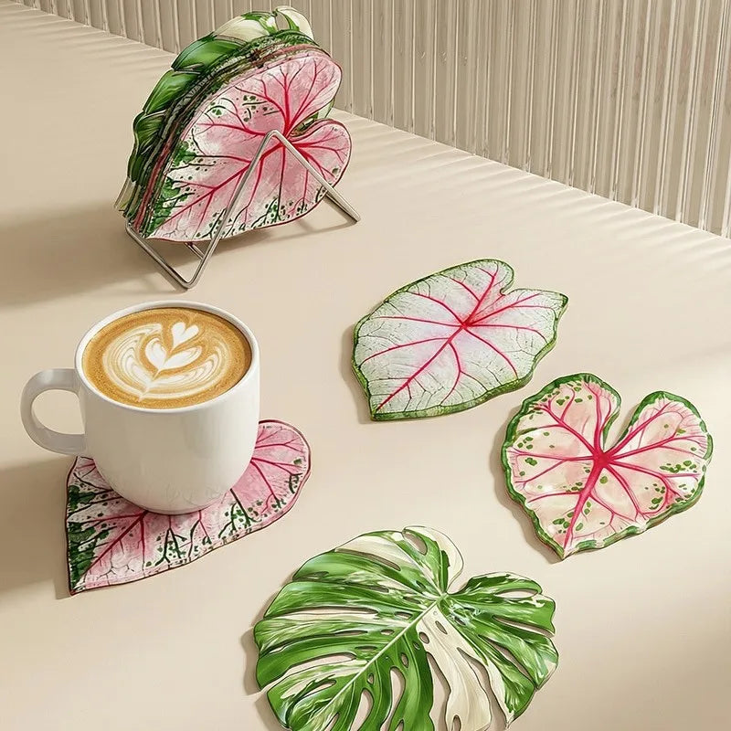 coasters feuilles tropicales vert blanc rose antidérapants moderne protége comptoir cuisine