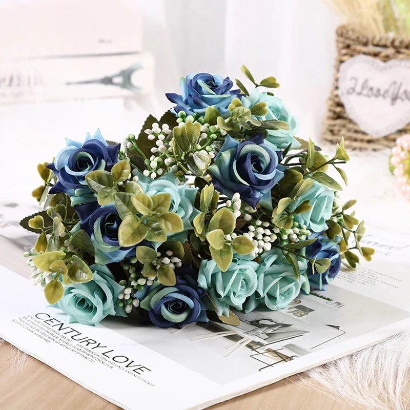 fleurs artificielles bouquet rose blancs bleus vertes mariage romantique intérieur extérieur