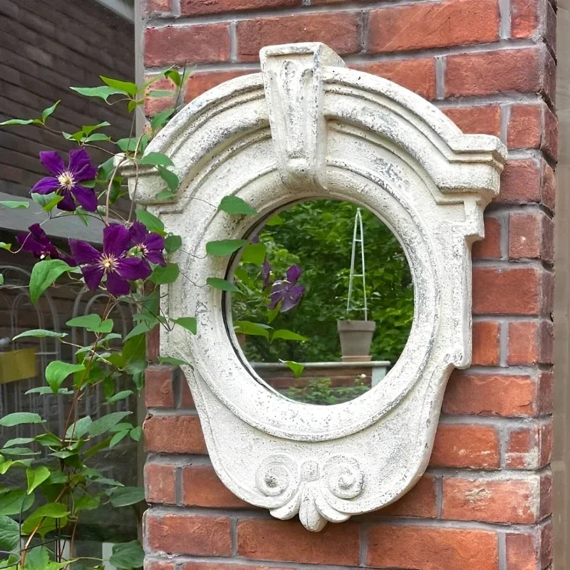 miroir decoratif mural rond blanc vieilli vintage cour balcon decoration accent