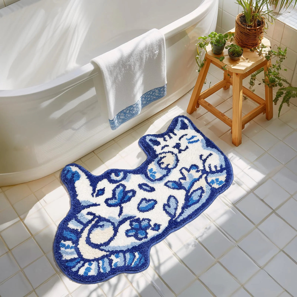 tapis bain antidérapant chat blanc bleu motifs floraux doux décoratif chambre enfant moderne