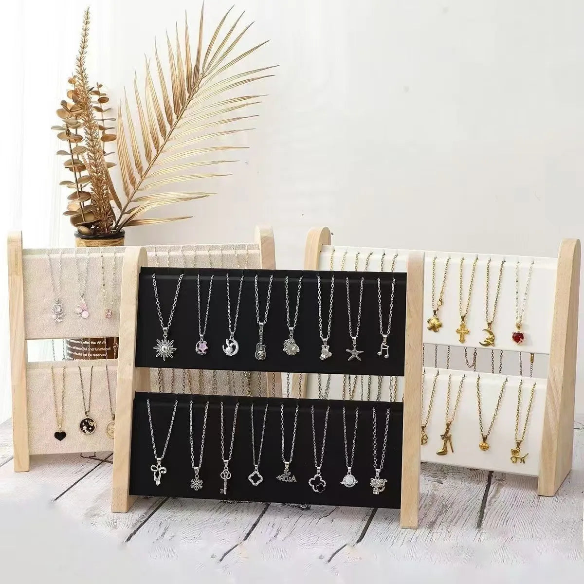 porte bijoux bois moderne clips colliers pendentifs velours toile minimaliste vert rose beige