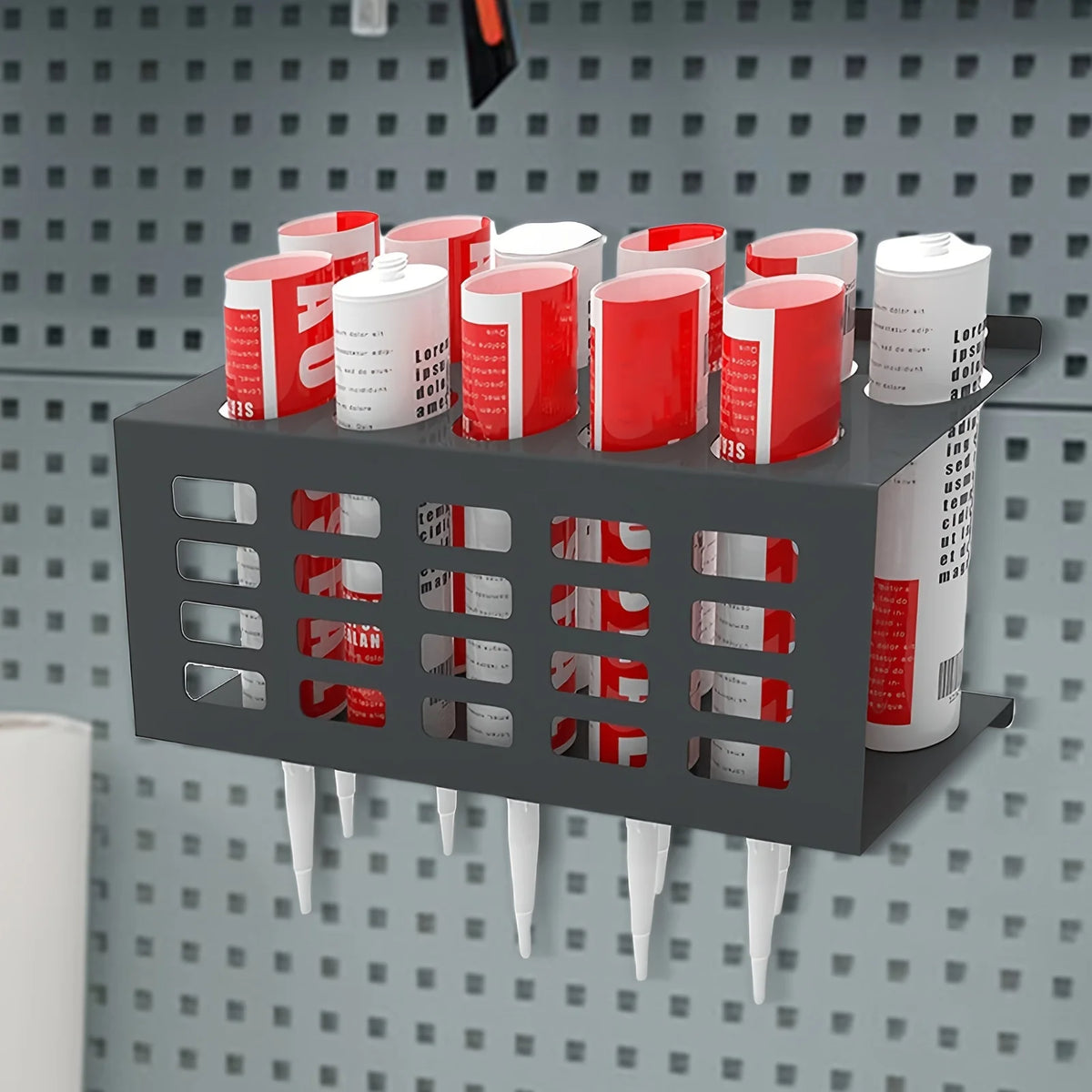 rangements mural acier inoxydable tubes mastic outils atelier industriel perforé fixations murales