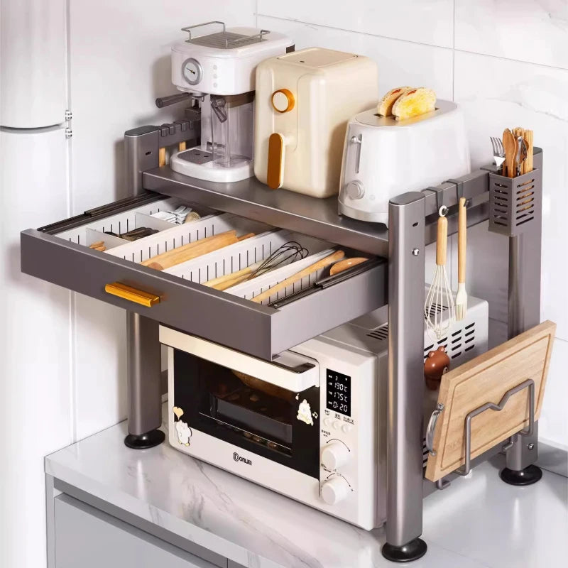 rangement cuisine tiroirs acier inoxydable gris noir moderne batteur cuillères couteaux toaster friteuse