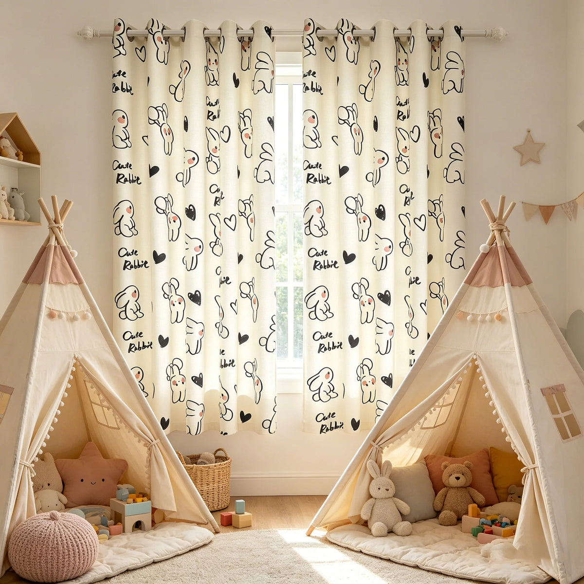 rideau motif lapins mignons moderne beige clair noir rose métalliques polyester chambre enfants