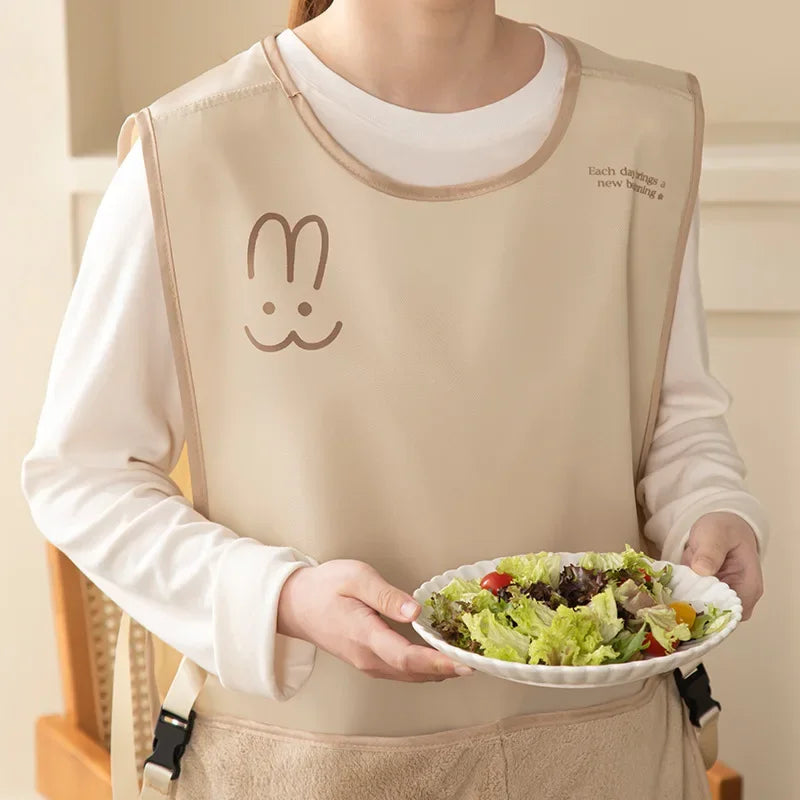 tablier cuisine femme beige imprimé visage lapin poche amovible ceinture ajustable moderne durable